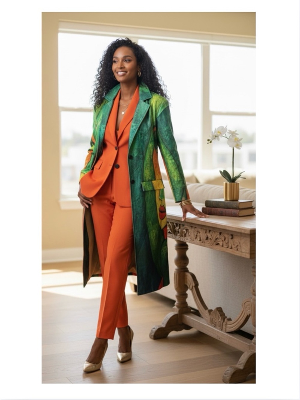 COAT: Lightweight, Oversized Green, Orange, & Yellow Artistic Design, NWOT - Picture 9 of 11